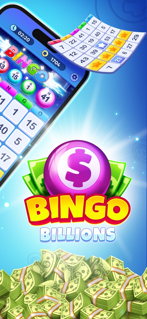 Bingo Billions: Win Real Cash! - This tool presents its user-friendly interface with an active game timer and points display, prominently featuring the branded dollar sign bingo ball.