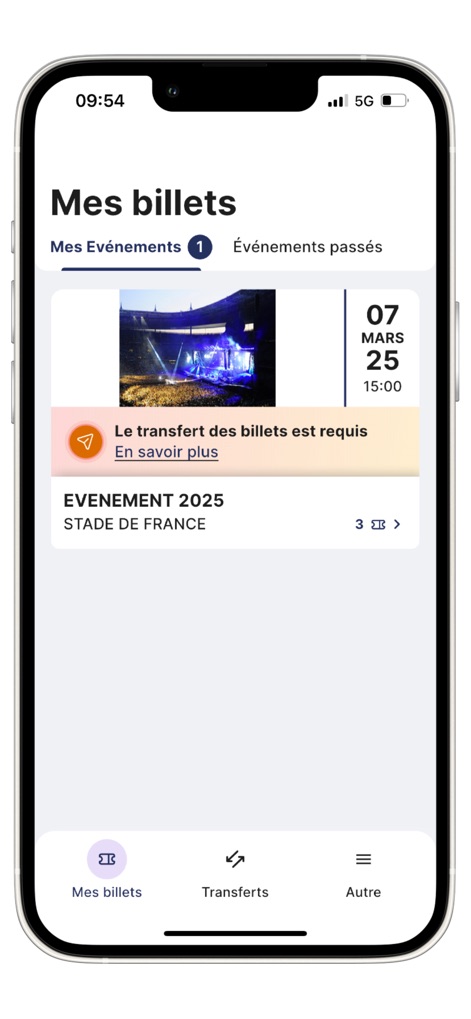 STADEFRANCE Tickets - L'interface "Mes billets" permet aux utilisateurs de naviguer entre leurs "Mes Événements" et la section dédiée aux "Transferts", garantissant une gestion fluide des places.