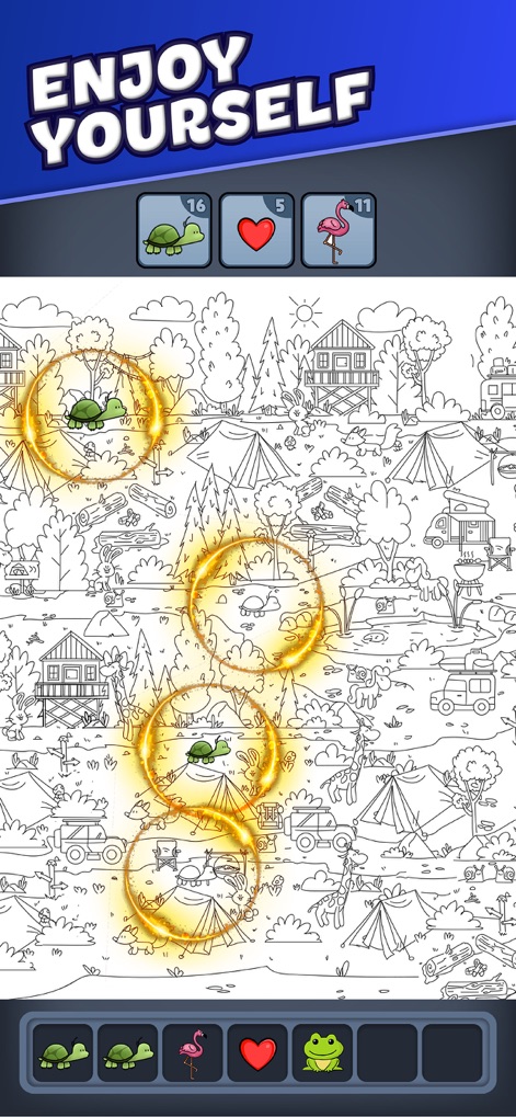 Triple Match City - Witness the delight of discovering multiple turtle objects within a scenic camping environment, each highlighted by a dynamic glowing ring.