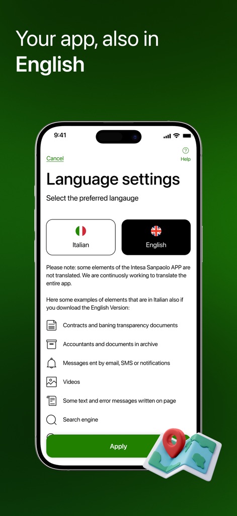 Intesa Sanpaolo Mobile - The app supports multiple languages, allowing users to select their preferred interface like English, and notes specific untranslated elements for clarity.