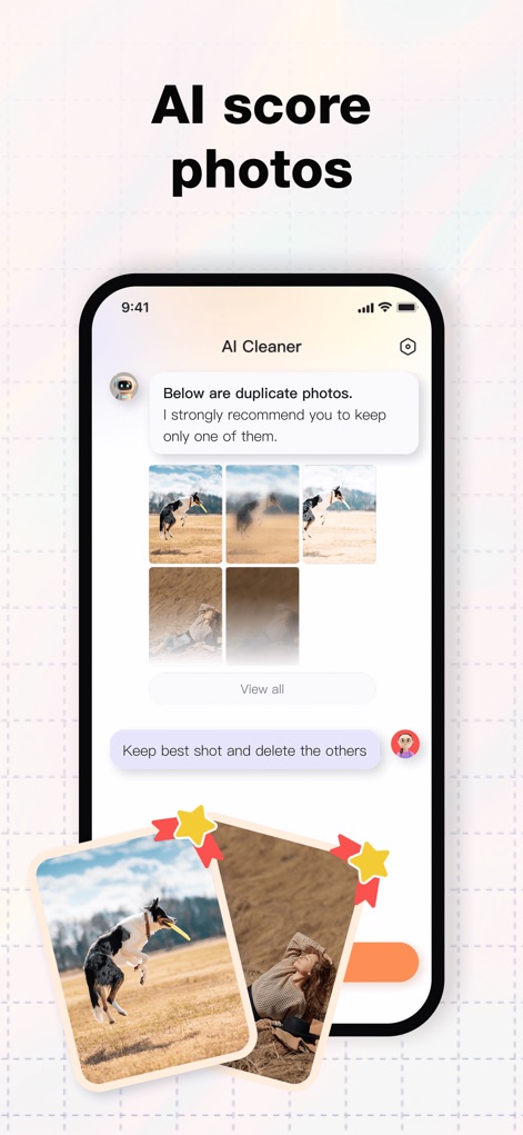 AI Cleaner-Chat to cleanup - O aplicativo exibe uma conversa que auxilia na gestão de imagens, identificando fotos duplicadas e oferecendo a funcionalidade "Keep best shot and delete the others" para o usuário.