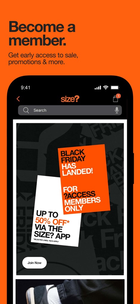 size? - Die App bewirbt einen exklusiven Black Friday Sale mit bis zu 50% Rabatt, der nur für Mitglieder zugänglich ist, und fordert zur sofortigen Anmeldung auf.