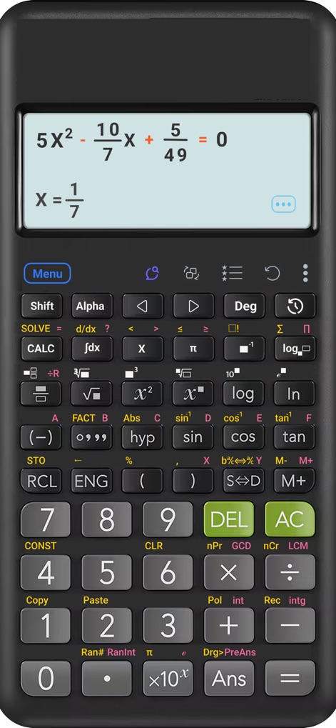 Scientific Calculator fx-991 - Esta herramienta permite a los usuarios resolver ecuaciones cuadráticas con coeficientes fraccionarios, obteniendo soluciones exactas como 1/7, enmarcado por la elegante y oscura interfaz del modo nocturno.