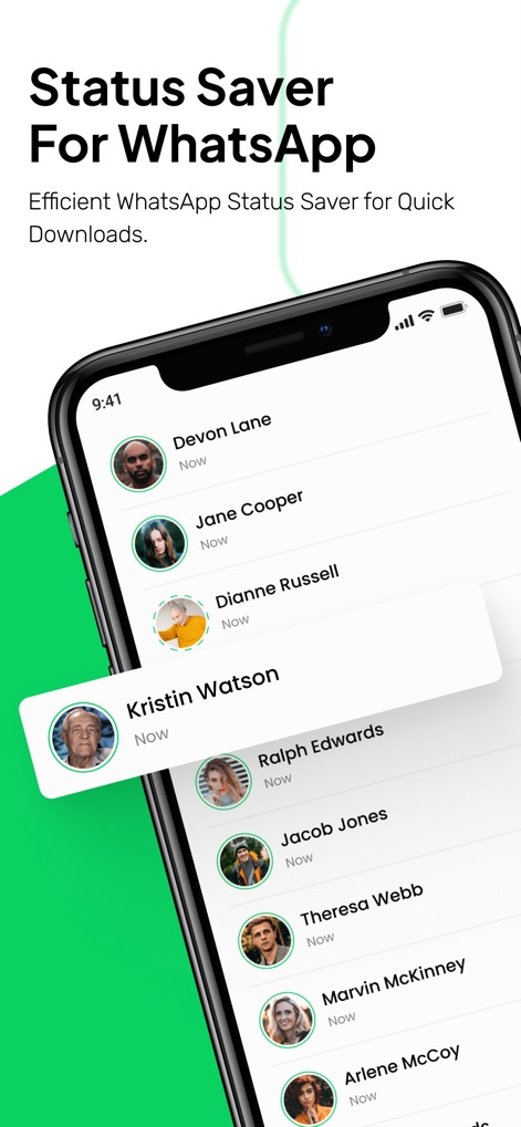 Status Saver : Videos - This tool allows users to seamlessly browse recent WhatsApp status updates from their contacts, showing names and 'Now' indicators for fresh content.