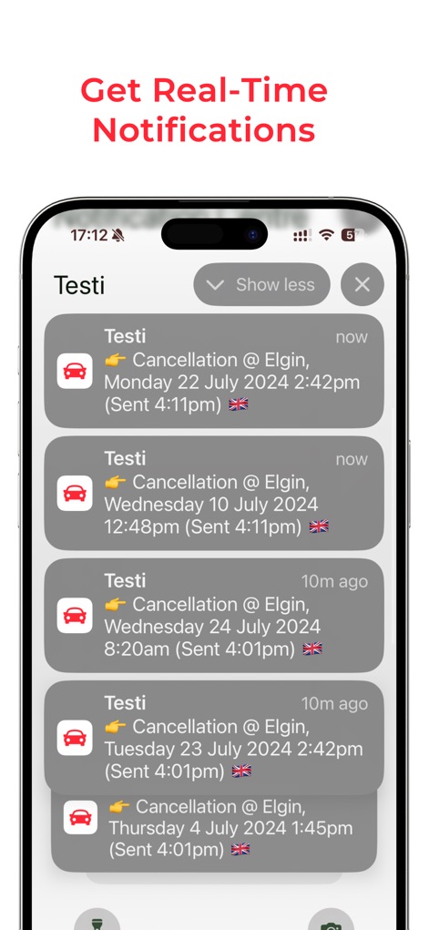 Testi Driving Cancellations UK - The app delivers timely notifications for driving test cancellations, clearly indicating the test centre and new available dates.