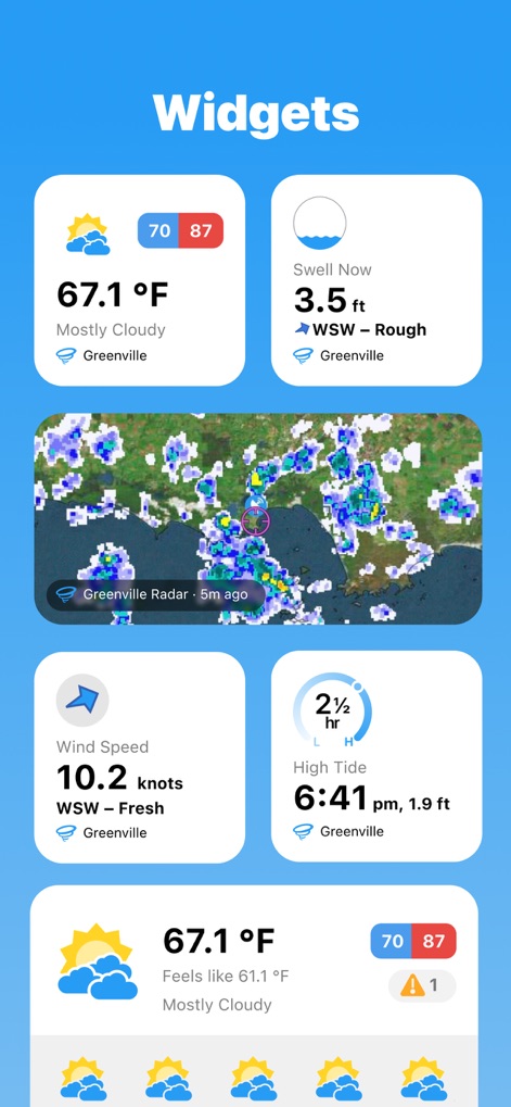 WillyWeather - The app offers a suite of customizable home screen widgets, allowing quick access to essential information such as general weather forecasts, swell conditions, and interactive radar views directly from the device's home screen.