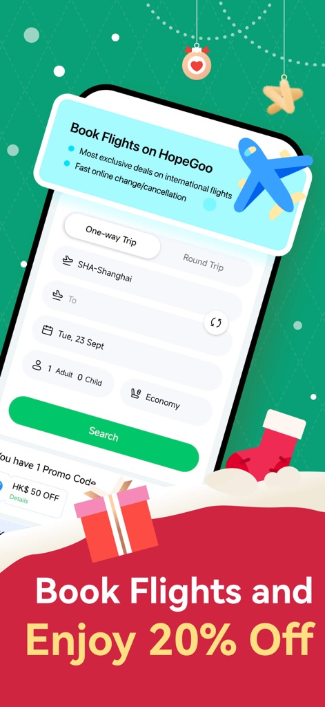 HopeGoo: Flight,Train,Hotel - L'application simplifie la réservation de vols internationaux, offrant aux utilisateurs une sélection flexible entre 'One-way Trip' et 'Round Trip', et la possibilité de saisir un 'Promo Code' pour des réductions attractives.