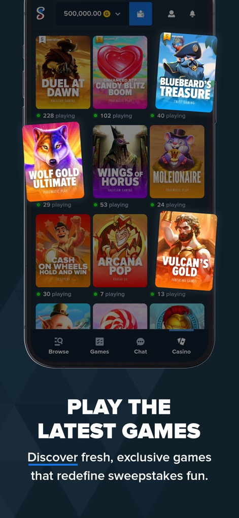 Stake US - Casino & Slots - Discover an extensive collection of games, presented through a grid of varied 'slot game titles' and their current 'player counts'.
