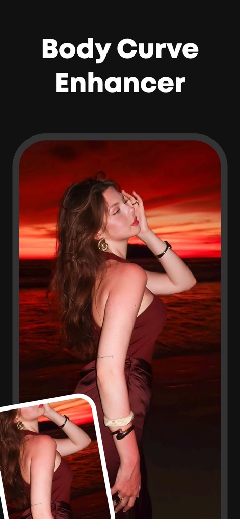 PixPlus-AI Photo & Video Maker - Witness the app's advanced body curve enhancement, presenting a refined main enhanced image alongside a subtle inset comparison photo for visual impact.