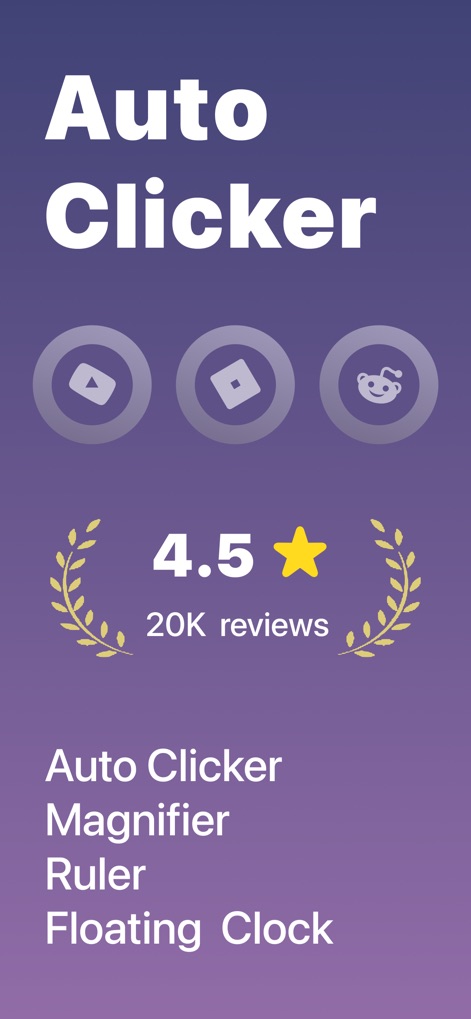 Auto Clicker - Auto Click App - Discover how the app proudly displays its "Auto Clicker" identity and highlights essential tools such as the "Magnifier" and "Floating Clock".