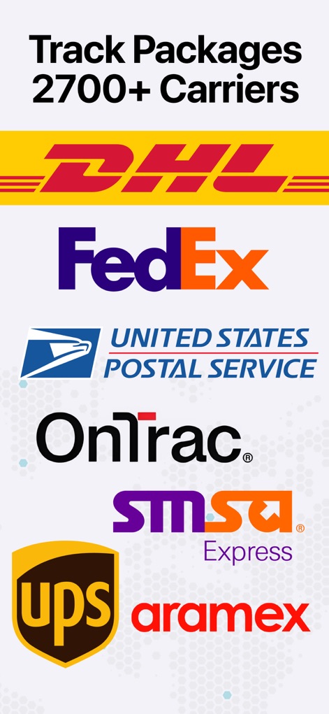 Package Tracker & Track Parcel - La aplicación destaca su impresionante compatibilidad global, mostrando múltiples logotipos de transportistas reconocidos y mencionando que soporta más de 2700 transportistas.
