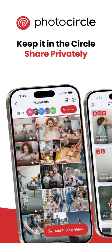 PhotoCircle - L'app offre album privati con un'interfaccia intuitiva per caricare e visualizzare foto, come mostrato dalla griglia di immagini e dal pulsante "Add Photo & Video".