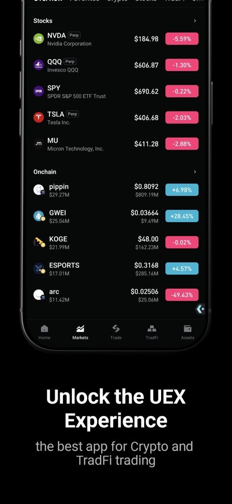 Bitget- Trade bitcoin & crypto - This tool seamlessly integrates traditional finance options like "Stocks" and "Onchain" digital assets, clearly visible in the market listings and bottom navigation bar.