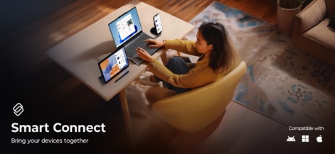 Lenovo Smart Connect - Users can experience seamless integration across a Windows PC, an iPhone, and an Android tablet, demonstrating how the app brings devices together for enhanced productivity.