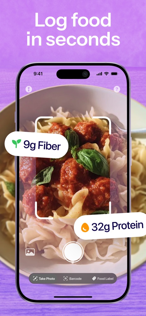 MeAgain: GLP-1 all-in-one app - Experience advanced AI food logging where a photo instantly identifies '9g Fiber' and '32g Protein' in your meals.