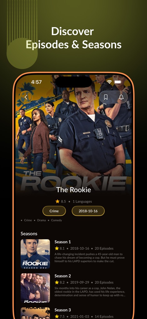 MovieBox - Movies & Shows - Users can delve into comprehensive show pages, viewing episode details for "The Rookie" and exploring season breakdowns complete with release dates and episode counts.