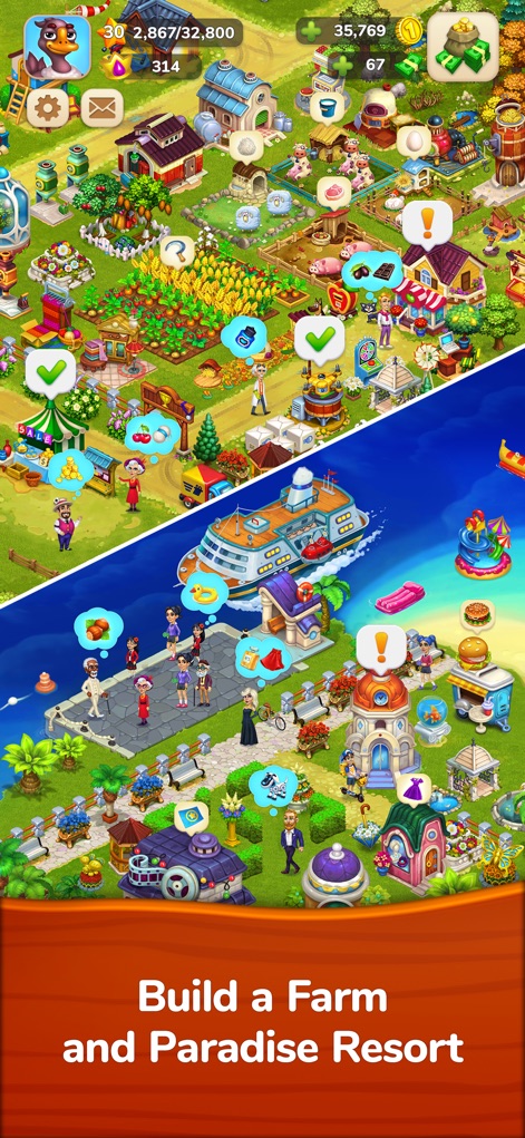 Farmington – Farm game - Explore the expansive world of Farmington, showcasing both the productive farm environment with its various crops and animals, and the serene paradise resort with its cruise ship and bustling beach.