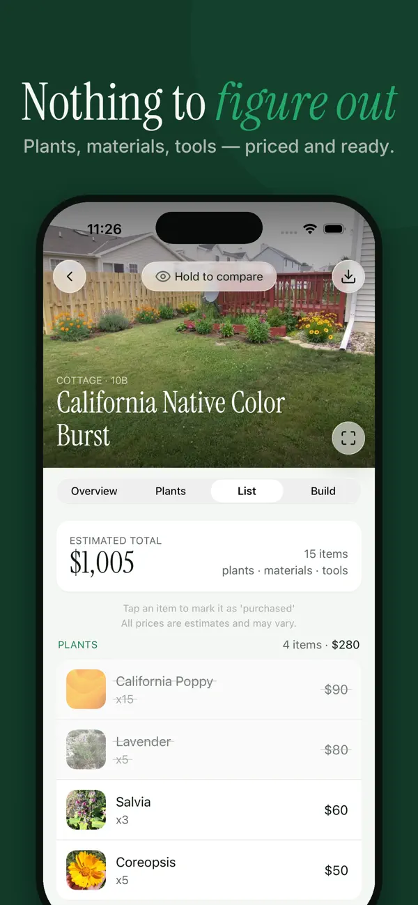 YardPlan: A priced shopping list