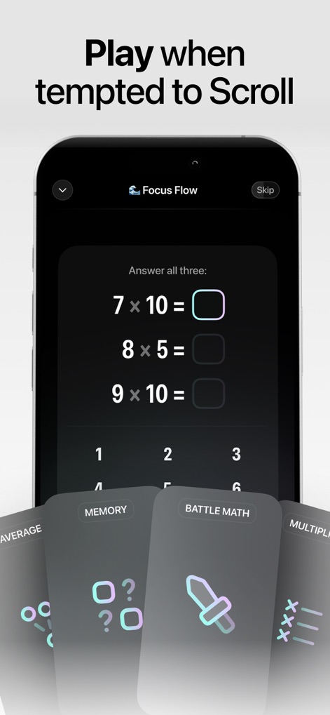 Opal: Screen Time Control - When temptation strikes, users can engage with stimulating mini-games like multiplication challenges or memory exercises to reroute focus.