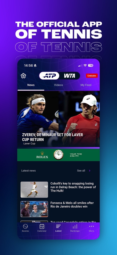 ATP WTA Live - このアプリでは、トップニュースのヘッドラインと、ニュース、ビデオ、マイフィードといった多様なコンテンツにアクセスできます。