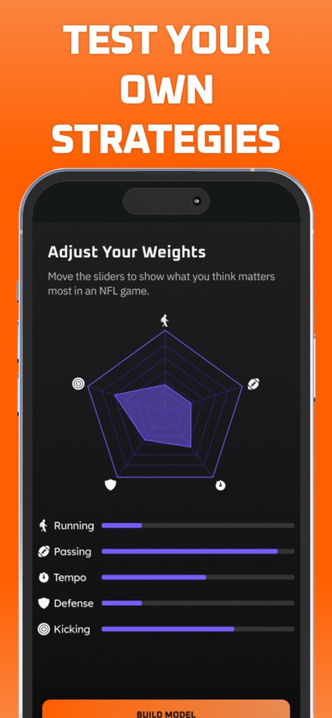 Rithmm: AI Sports Betting - Users can fine-tune their betting approach with the 'Adjust Your Weights' feature, utilizing an interactive radar chart to prioritize factors like 'Running' and 'Defense' in custom models.