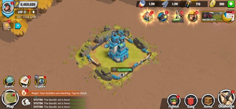 Age of Apes - Players develop their personal outposts, as demonstrated by the central building's design and the various resource meters indicating their current supplies.