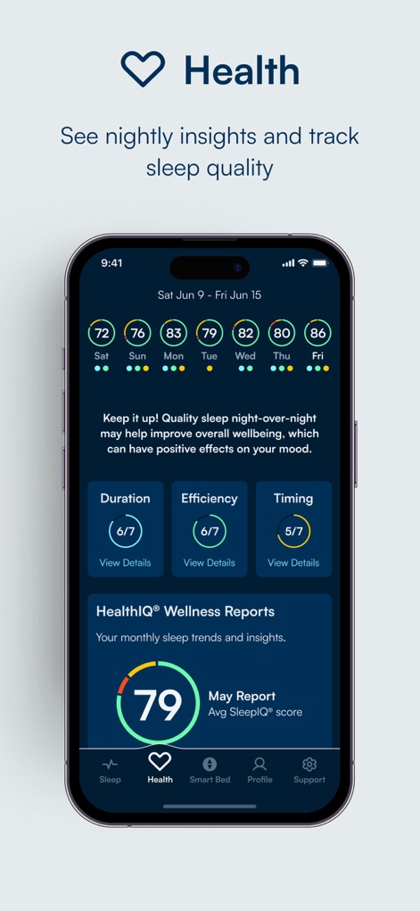 Sleep Number - The app displays weekly SleepIQ score trends and critical sleep health metrics, including duration, efficiency, and timing, for continuous monitoring.