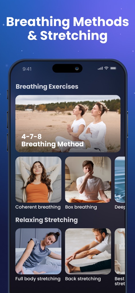 Sleep Tracker: Recorder, Sound - 사용자는 이 섹션에서 4-7-8 호흡법과 같은 다양한 호흡 운동 목록을 안내 이미지와 함께 살펴볼 수 있으며, 전신 스트레칭 등 편안한 스트레칭 루틴도 확인할 수 있습니다.