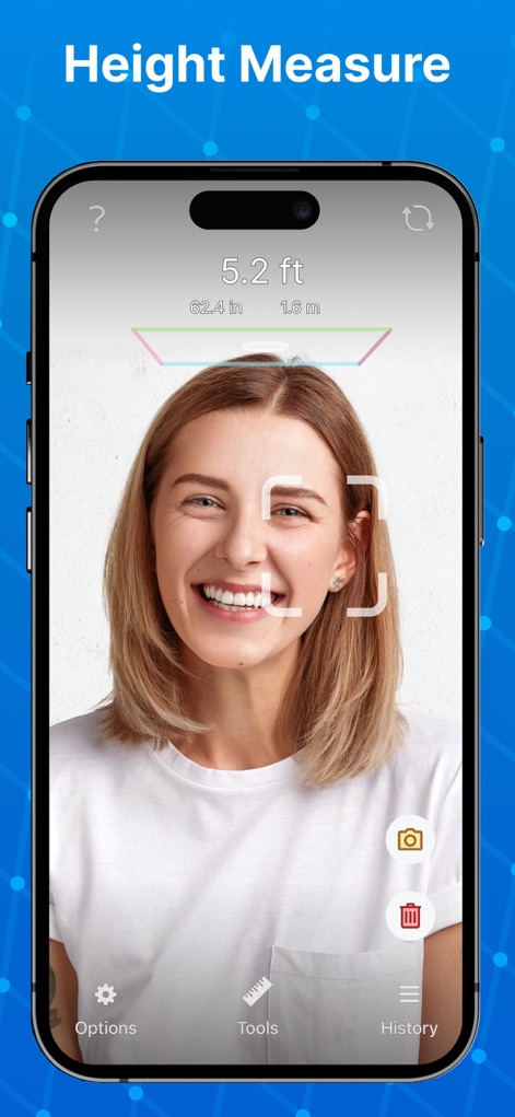 Tape Measure® - The app accurately measures a person's height, using a facial detection frame and clearly displaying the result in multiple units like '5.2 ft'.