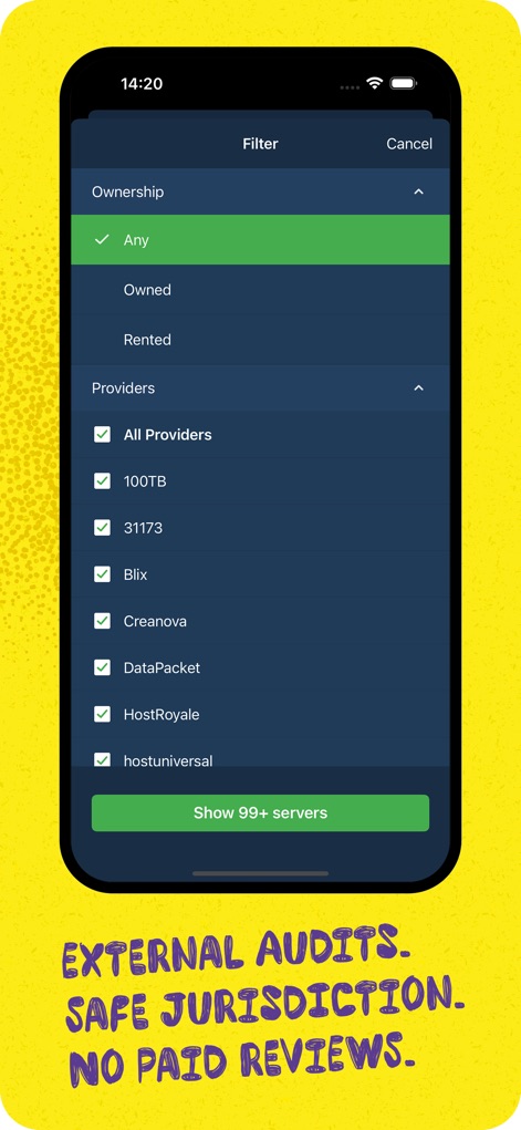 Mullvad VPN - A ferramenta oferece filtros detalhados para a seleção de servidores, permitindo escolher entre opções de 'Ownership' e uma variedade de 'Providers'.
