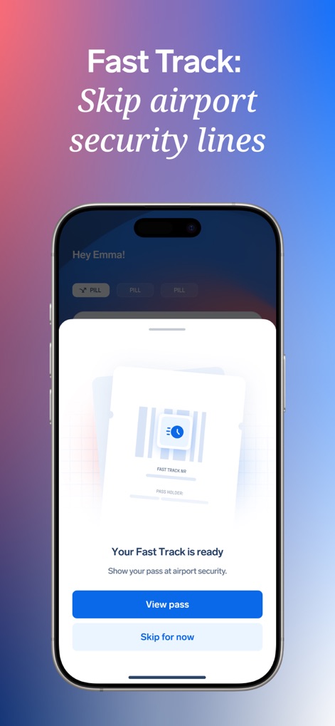 AirHelp・Flight Tracker - La aplicación genera pases para "evitar las colas de seguridad" en el aeropuerto, mostrando una "vista previa del pase" y ofreciendo la opción de visualizarlo.