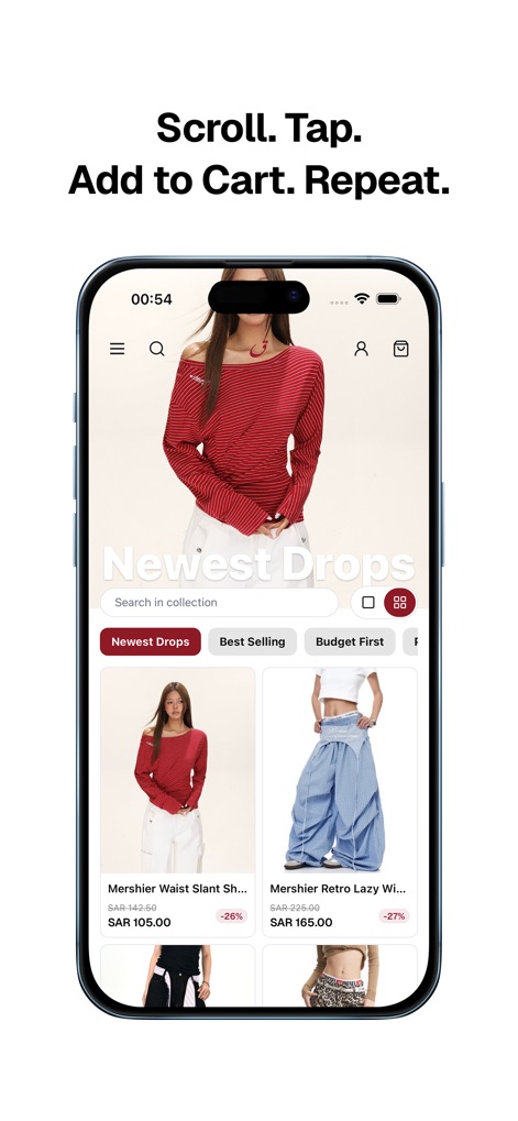 OptionQaaf - Gli utenti possono navigare tra gli "Newest Drops" e filtrare per categorie come "Best Selling", visualizzando chiaramente i prezzi e gli sconti sui prodotti.