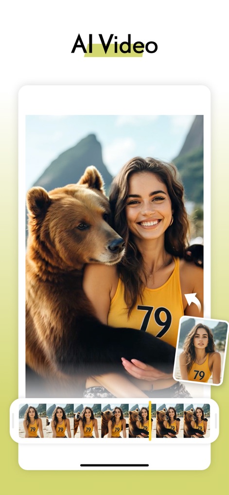 LOOX: Face Shape Finder - Trasforma le foto in clip uniche, come l'abbraccio con un orso generato dall'AI e la visualizzazione della foto originale per un confronto immediato.