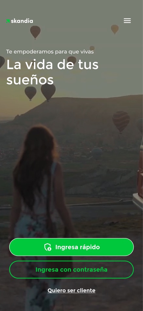 Skandia Colombia APP - La pantalla de bienvenida invita con una atractiva imagen de fondo y ofrece múltiples opciones para el ingreso del usuario, destacando los botones para 'Ingresar rápido' o registrarse como nuevo cliente.