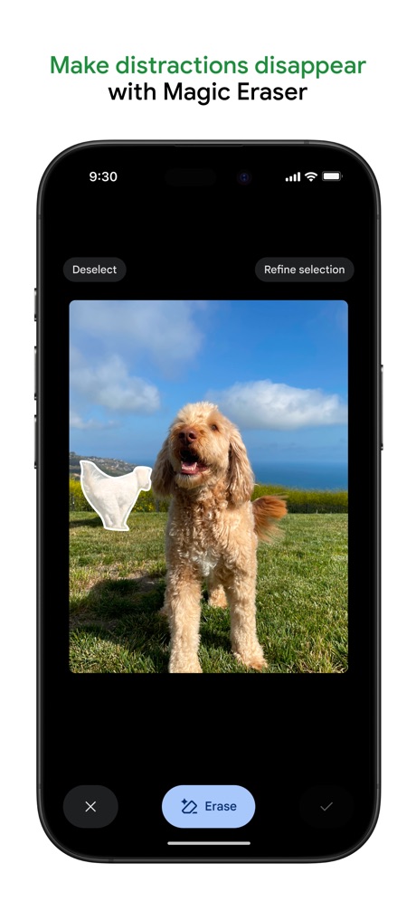 Google Photos: Backup & Edit App Store screenshot 2, headline “Make distractions disappear with Magic Eraser”. Blue.