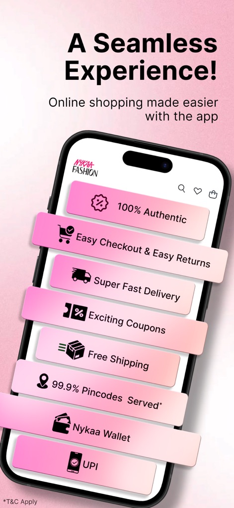 Nykaa Fashion - Shopping App - Die App bewirbt ein reibungsloses Einkaufserlebnis, hervorgehoben durch Funktionen wie "100% Authentic" und "Easy Checkout & Easy Returns", die in klaren, prägnanten Bannern dargestellt werden.