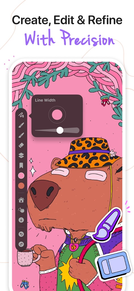 Endless Zoom Canvas - ZoomArt - This tool offers precise control over brush settings, such as line width adjustment, and features a color picker for refining artistic details.