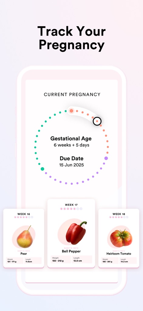 IVY Period & Pregnancy Tracker - A tela ilustra o progresso semanal do bebê com comparações visuais de frutas e vegetais, e indica a data prevista do parto para acompanhar a gestação.