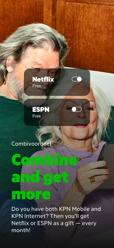 MijnKPN - Users discover exclusive benefits through service combinations, as demonstrated by the toggle options for "Netflix" and "ESPN" and the "Combivoordeel" section.