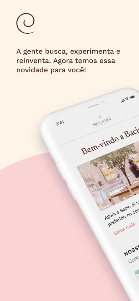Bacio di Latte - The app introduces itself with a warm "Bem-vindo a Bacio" message and displays the elegant Bacio di Latte logo prominently.