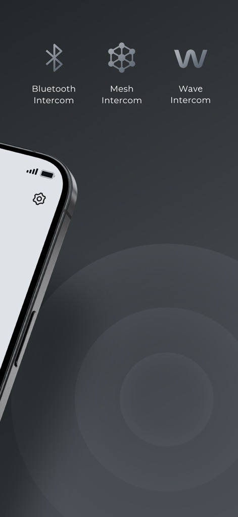 Sena Motorcycles - This screen highlights the variety of communication methods available, featuring clear icons for 'Bluetooth Intercom' and 'Mesh Intercom' functionality.