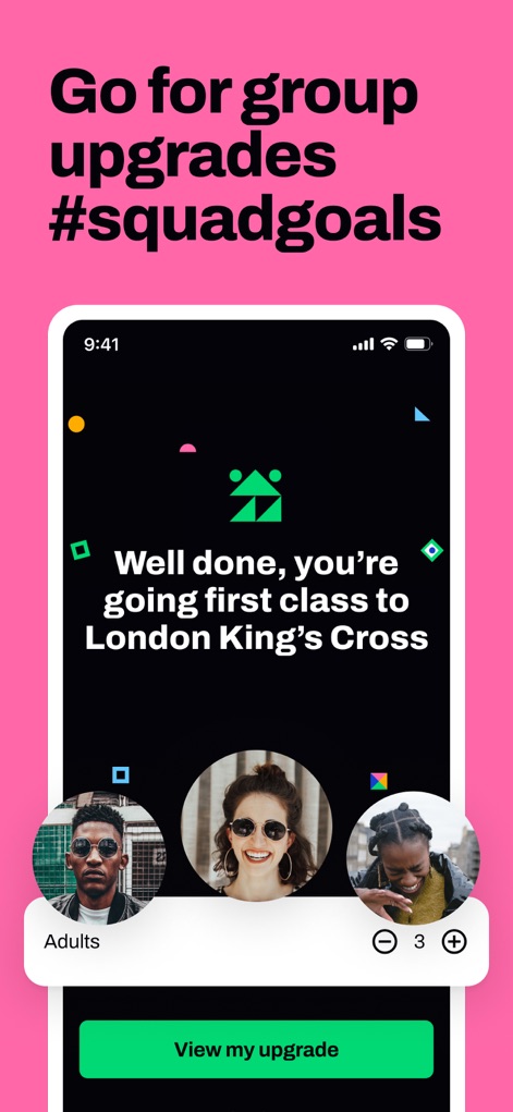 Seatfrog: Rail Journey Planner - La capture montre la confirmation de surclassement "Well done, you're going first class" et le réglage pour le nombre d'"Adults".