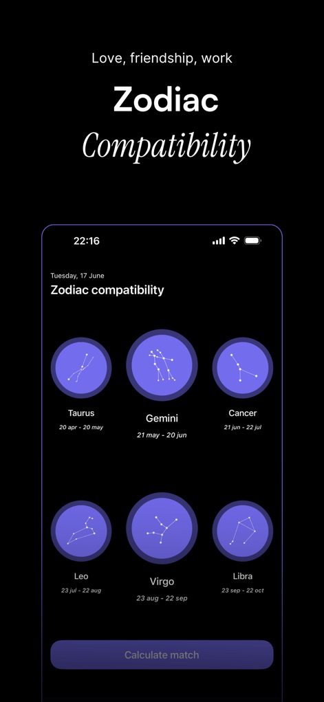 Orion – Horoscope & Tarot - La imagen ilustra la herramienta de compatibilidad zodiacal, donde los usuarios pueden ver la cuadrícula de signos zodiacales para seleccionar y el botón de calcular compatibilidad para iniciar el análisis.