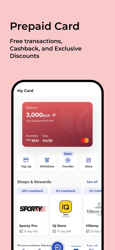 Money Fellows: Online Circles - The app offers a prepaid card, displaying its current balance and facilitating essential actions like topping up and withdrawing funds, alongside integrated cashback rewards.