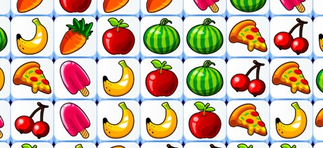 Tile Club - Matching Game - Examine a detailed grid of varied tiles showcasing distinct tile icons like pizza and watermelon, highlighting the game's charming aesthetics.