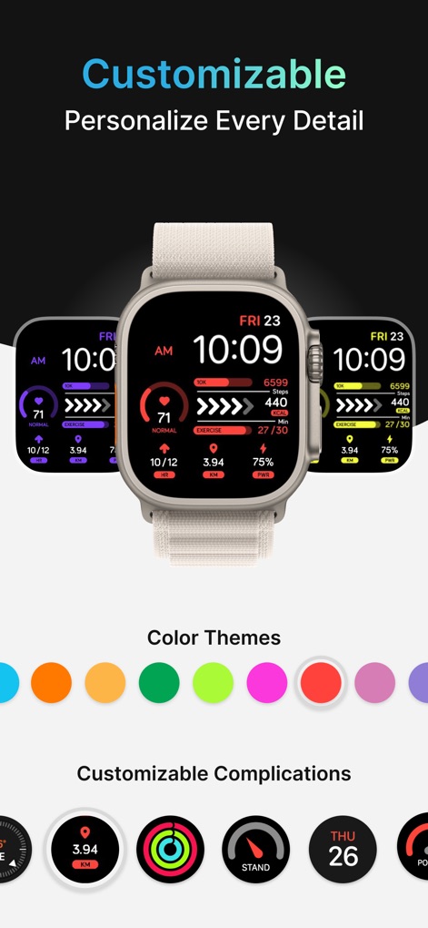 Watch Faces by Facer - Users can personalize watch faces with various color themes and arrange customizable complications to display essential data like distance and activity rings.