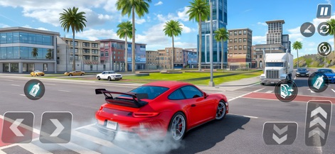 Urban Drive: Car Simulator 3D - Experience the thrill of city exploration, where a sleek red sports car drifts through detailed urban streets, showcasing the vibrant city environment and intuitive on-screen controls.