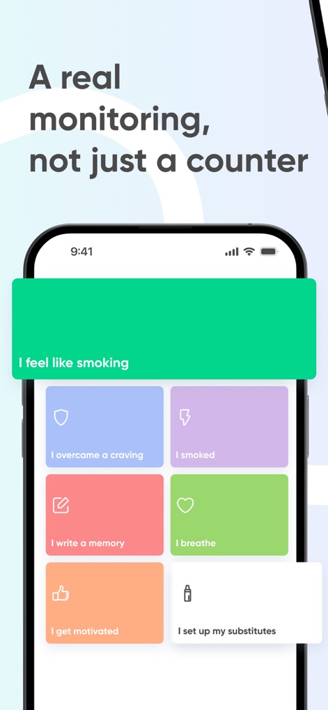 Quit smoking for good - Kwit - Los usuarios pueden acceder rápidamente a opciones para gestionar los antojos, eligiendo entre acciones como 'I breathe' o 'I overcame a craving' al sentir la necesidad de fumar.