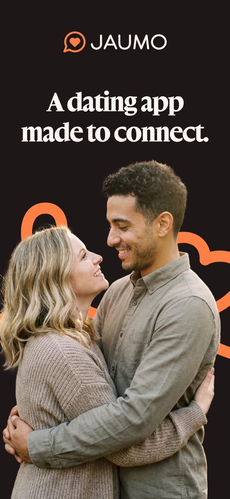 Jaumo Dating App: Flirt & Chat - This final visual reinforces the app's core mission, prominently displaying the brand message 'A dating app made to connect' and depicting an embracing couple who found their match.