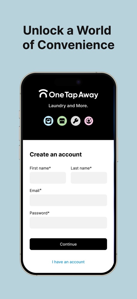 One Tap Away App Store screenshot 1, headline “Unlock a World of Convenience”. Teal.